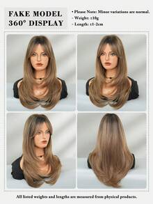 7JHH WIGS 优雅的24英寸沙棕色渐变假发，女士款 - 时尚简约的长款层次假发，带刘海，深色发根，耐热全机织合成纤维假发，适合日常佩戴、派对、情人节礼物，假发配件 - 漸層棕色 - 查看 6
