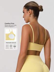 Sodalemon Women Fitness Backless Straight Strap Yoga Training Sport Bra - Yellow - View 3