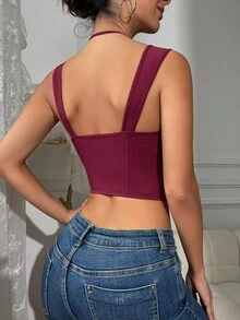 1pc Women's Wine Red Cropped Camisole - Criss-Cross Strap Wide Strap Fitted Midriff-Baring Sexy Top