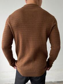 WAIT HIM Suéter de cuello polo de manga larga de unicolor y textura casual para hombre