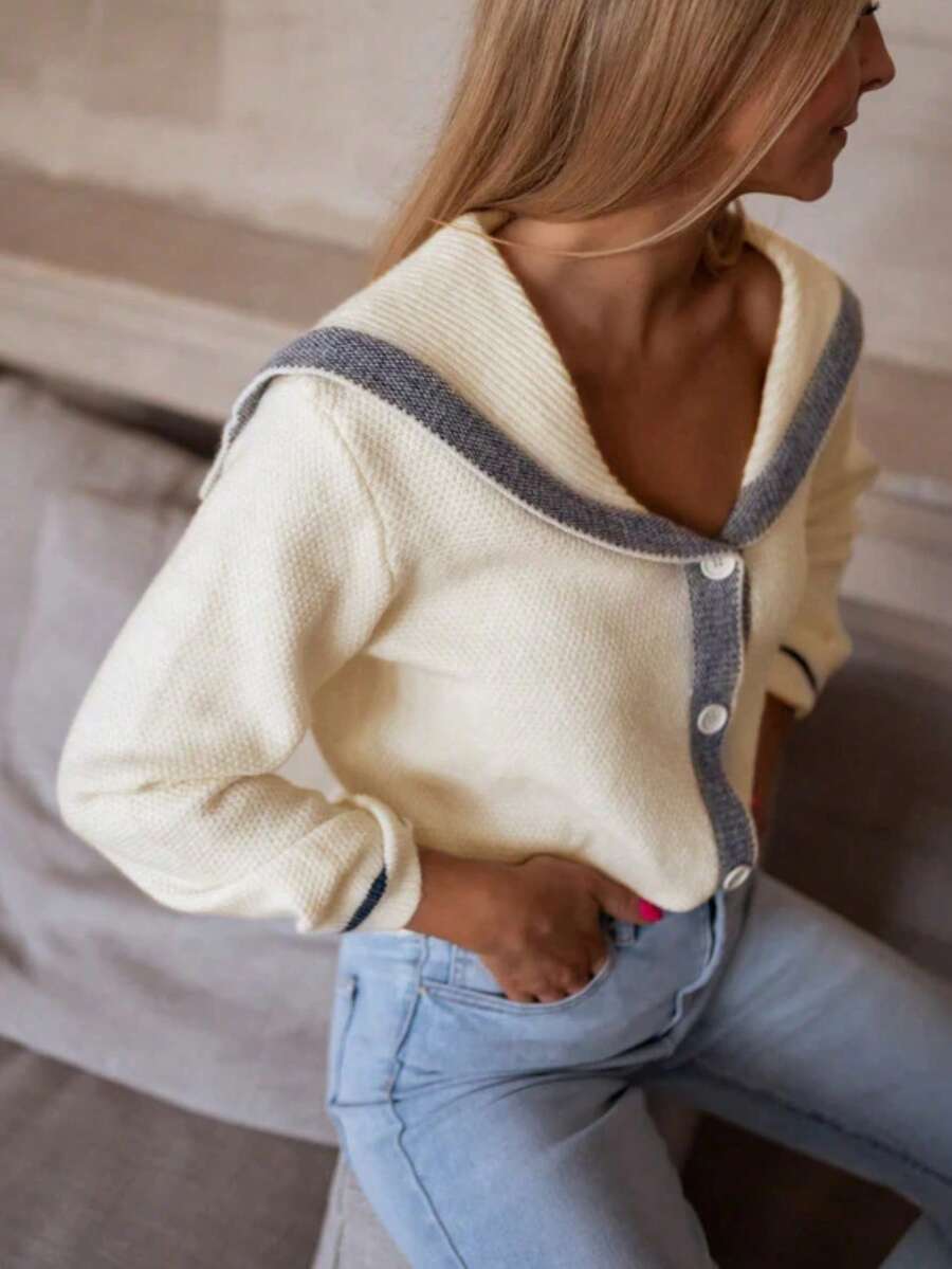 Áo cardigan dệt kim tay dài cổ thủy thủ dành cho nữ, cài cúc phía trước, chất liệu nhẹ, dáng suông, phong cách thời trang thường ngày phù hợp cho việc đi làm, áo len dễ thương. - Màu be - Xem 1