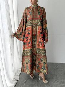 Đầm maxi in hoa thanh lịch với tay áo bồng bềnh, khóa kéo phía sau, kiểu dáng thoải mái, nhẹ nhàng, phù hợp cho các buổi tiệc tối sang trọng, kỳ nghỉ, áo choàng Abaya kiểu Ả Rập cho kỳ nghỉ xuân. - Đỏ - Xem 6