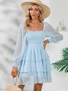 Vestidos Casuales de Manga Larga con Mangas de Rejilla para Mujer, Casual y Elegante Reversible - Azul - Ver 7