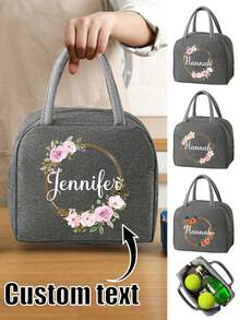 Customizable Text & Name Lunch Bag, Floral Wreath & Letter Pattern, Large Capacity Portable Lunch Bag, Suitable For Commuting, Outdoor Camping, Travel Picnic, Can Hold Breakfast, Lunch, Dinner, Fruits & Drinks, Portable Lunch Bag, Great Gift For Family, Friends, Couples, Christmas, Birthday - Multicolor - View 1