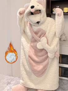 秋冬卡通印花涤纶睡裙，长袖，拉链，略有弹性 - 舒适的毛绒角色扮演服装，适合万圣节、圣诞节和派对穿着 - 彩色 - 查看 12