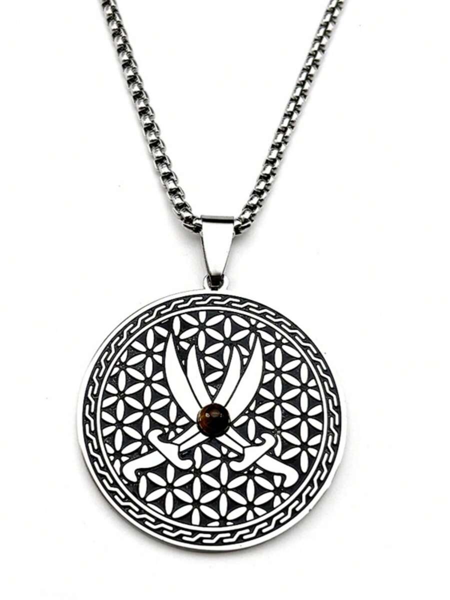 Flower Of Life Imam Ali Sword Stainless Steel Necklace For Women Men Silver Color Tiger Eye Stone Sacred Geometry Chain Jewelry - Necklace - View 1