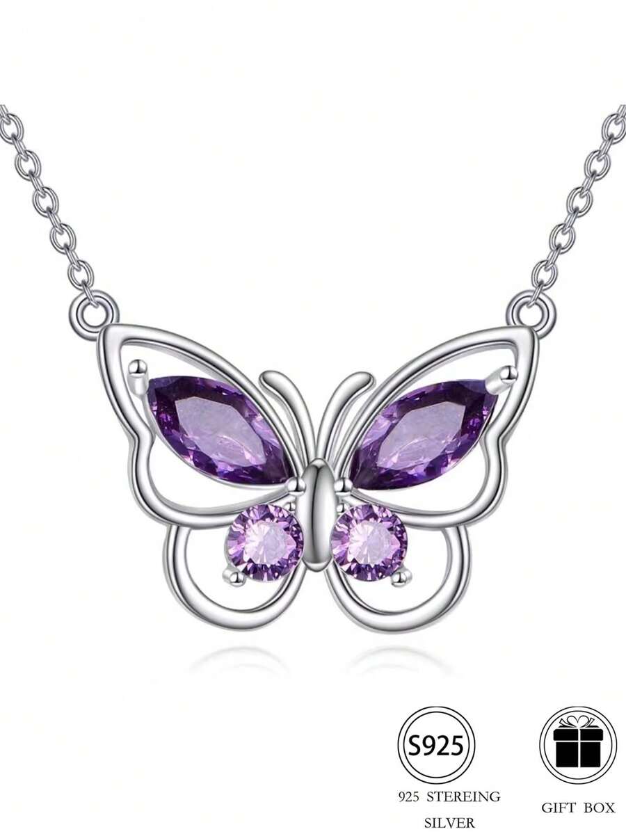 925 Sterling Silvery Butterfly Pendant Necklace, Suitable For Girls, Mothers, And Friends As Gifts - 紫色 - 查看 1