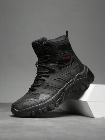 1双男士纯色PU皮登山靴，系带，防滑鞋底，透气鞋面，适合徒步、登山、沙漠探险、旅行、露营