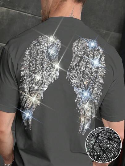 黑色男士水钻翅膀图案休闲百搭圆领短袖T恤，夏季