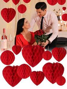 8pcs/4pcs Valentine's Day Heart Shaped Paper Honeycomb Balls, Red & Pink Heart Decor, Pink Paper Heart Honeycomb, Heart Ornaments, Romantic Wedding Decor, Valentine's Day, Anniversary Party Decor, Birthday Party Decor - Multicolor - View 7