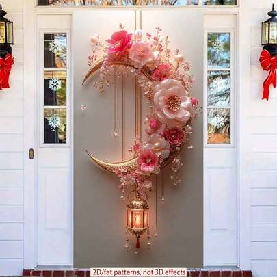Biểu ngữ cửa Ramadan bằng polyester 2D 1 tấm trang trí treo hình lưỡi liềm tinh tế với hoa và đèn lồng, đạo cụ và vật dụng chụp ảnh Eid Al-Fitr, phù hợp cho lễ kỷ niệm Ramadan và Eid Al-Adha của người Hồi giáo, đồ trang trí ngày lễ theo chủ đề Hồi giáo
