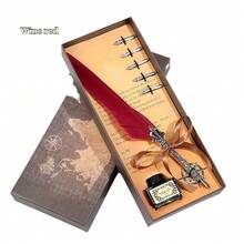 1pc Retro Crown Feather Pen With Ink Pen Gift Box, Dip-In-Ink Usable, Suitable For Wedding Signature Or Back To School Souvenir