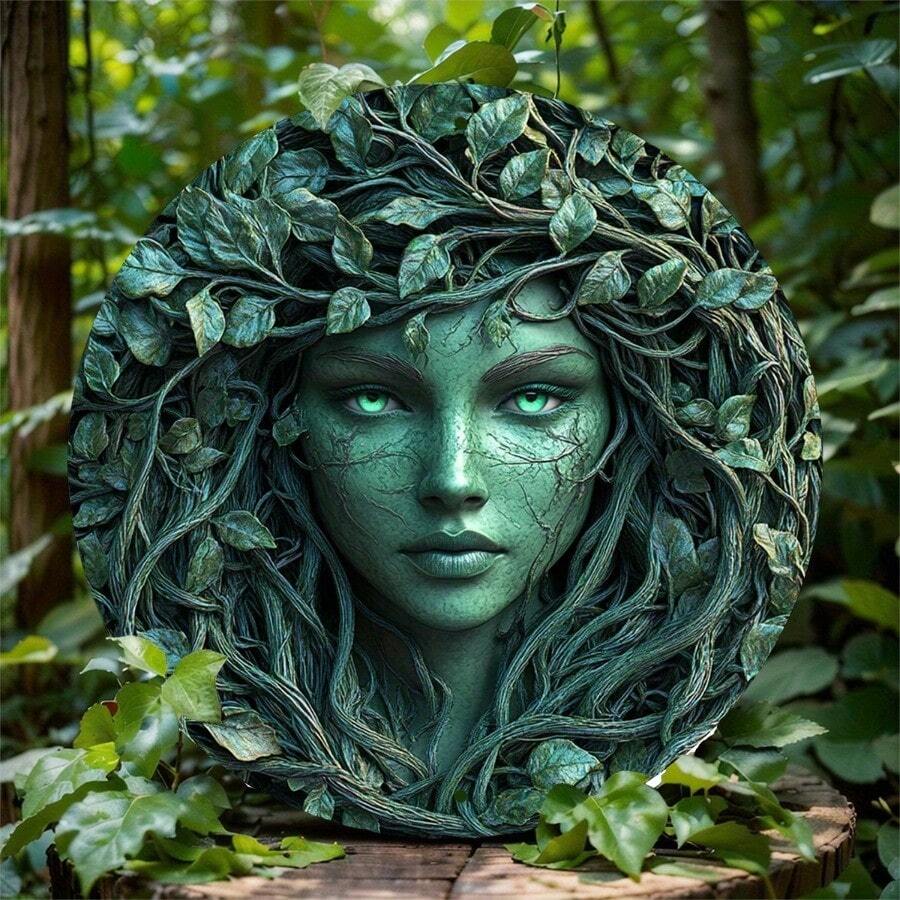 Retro Green Tree Female Face Round Aluminum Wall Art Sign - 8x8 Inch Nature-Inspired Design, Pre-Drilled For Easy Hanging, No Electricity Needed, Indoor/Outdoor Home Garden Decor For Halloween Christmas Gift Idea, Tree Decor - 彩色 - 查看 1
