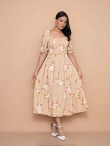 Helena Printed Crepe Midi Dress With Elasticated Waist And Short Sleeves. - 卡其色 - 查看 1