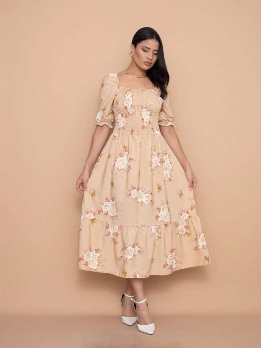 Helena Printed Crepe Midi Dress With Elasticated Waist And Short Sleeves. - 卡其色 - 查看 1