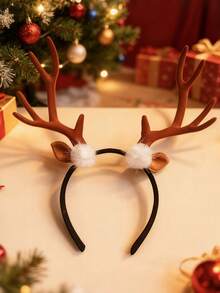 1 件女士加大码棕色毛绒驯鹿角和耳朵时尚头带，适用于圣诞派对表演、日常装饰道具万圣节 - 棕色 - 查看 7