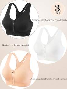 3-Piece Plus Size Autumn/Winter Sports Bra Set, Women's Front Zipper Pad Soft And Comfortable, Suitable For Running, Yoga, Gym Wear Women's Plus Size Underwear - Nhiều màu - Xem 2