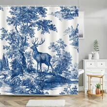 1pc Vintage Blue Toile Deer In Woodland Shower Curtain - Elegant Retro French Country Bathroom Decor, Polyester Fabric With Grommet Hooks, All-Season & Seasonal Use For Autumn Winter Halloween, Deer & Foliage Animal Print Bathroom Window Curtain Alternativ - Nhiều màu - Xem 3