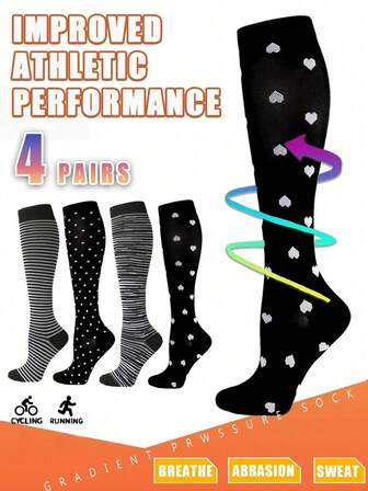4 par kompressionsstrumpor för kvinnor, polyesteratletikstrumpor, cykling för vuxna, lätta knähöga unisex-ventilerande lågtrycksstrumpor för löpning, lämpliga för cykling, vandring, resor