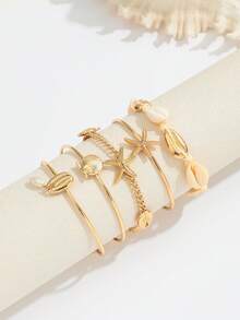 Juego de pulsera de mujer de moda y lujo con colgante de estrella de mar y concha, accesorios para vacaciones en la playa - Amarillo Oro - Ver 6