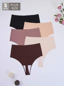 Conjunto de 5 calcinhas modeladoras plus size de cintura alta, modelo fio dental sexy, confortáveis e respiráveis, sem costura, simples, versáteis e de cor sólida. - Multicolorido - Ver 6