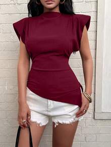 Women's Elegant Solid Color Padded Shoulder Sleeveless Vest, Casual Office Pleated Asymmetric Zip Up Fitted Top Summer - Wine Red - View 3