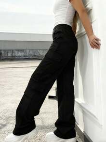 Women's New High-Waisted Multi-Pocket Straight-Leg Cargo Pants, American Retro Cool Slimming Sporty Casual Pants - màu đen - Xem 4