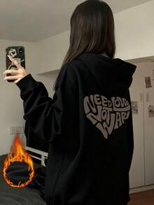 宽松字母印花保暖内衬卫衣 - 黑色 - 查看 3