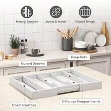 Utensil Organizer For Kitchen Drawer Expandable Cooking Utensil Tray Bamboo Cutlery Silverware Flatware Holder Adjustable Spatula Tools And Gadgets Storage Divider Large White - White - View 6