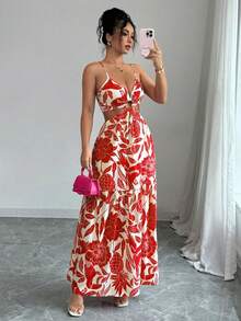 Women's Long Printed Dress With Side Cutouts And Front Ring, Elegant Look - Đỏ - Xem 5