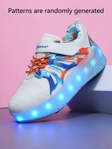 新款儿童透气网眼鞋带LED灯，户外时尚女童轮滑鞋，青少年夜光运动鞋，休闲运动