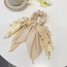 1pc French Vintage Ditsy Floral Bow Scarf Scrunchie With Pearls, Romantic Hair Accessory For Dates, Parties & Daily Looks, Elegant & Versatile, Ideal Gift For Women/Girlfriend/Bestie On  US - 綠色的. - 查看 5