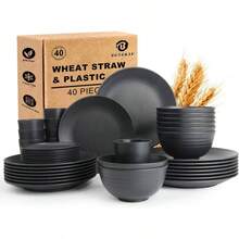 - Juego de vajilla de paja de trigo de 40 piezas, juego de platos irrompibles para 8, platos y cuencos aptos para lavaplatos y microondas, platos de plstico reutilizables, cuencos, tazas de - negro - - Ver 2