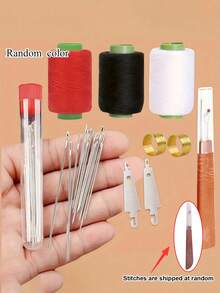[Kit de couture pour seniors] 34 pièces (5 tailles) Kit de couture grande aiguille pour seniors - Aiguilles à main faciles à enfiler avec enfileurs, 3 bobines de fil polyester (noir/blanc/rouge) et tubes de rangement - Ensemble complet d'aiguilles en acier pour le matelassage, l'artisanat, les vêtements et la réparation de tissus à la maison