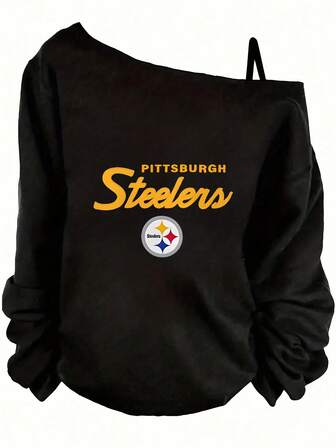 Pittsburgh Steelers Off - The - Shoulder Long - Sleeve Top, Casual Loose Fit With Bold 'PITTSBURGH' & 'Steelers' Text, Circular Logo With Yellow/Black/White Colors - Stylish Ruffled Cuffs, Fan Apparel For Game Day Or Daily Wear- Plus Size Asymmetric Neck Long Sleeve Sweatshirt - Women's Fall Top - Women's Winter Outfits: Elegant Conjunto De Mujeres + Flowy Top, Blusas & Top
