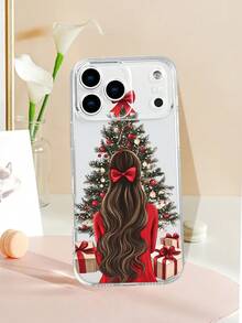 Funda de teléfono con diseño de chica frente al árbol de Navidad en estilo artístico, estampado navideño con vestido rojo, lazo en el cabello y árbol decorado con bolas y regalos, ambiente festivo y acogedor ideal para Navidad y celebraciones, estilo elegante y romántico, funda transparente, resistente a golpes, alta transparencia, compatible con iPhone17/16/15/14/13/12/11/Plus/Pro/ProMax, compatible con Galaxy A34/A35/A54/A55, Galaxy S20/S21/S22/S23/S24/S25 Ultra/Plus, compatible con Moto/Galaxy/Redmi/Honor/OPPO - transparente - Ver 2