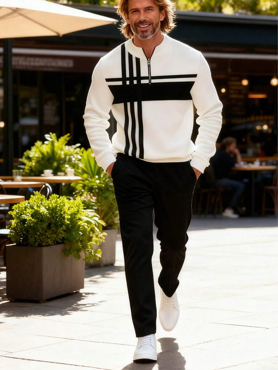 2PCS High-Quality Polyester Men's Long-Sleeved + Long Pants Sportswear Set, 3D Printed Pattern, Anti-Wrinkle And Easy To Care For, Half-Collared Top, European And American Style, Fitness, Outdoor Leisure, Golf, Tennis - 黑色 - 查看 1