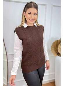 Women's Winter Knit Vest, Blogger Style, Simple, Casual, Knitted In Cable Stitch - Óxido marrón - Ver 1