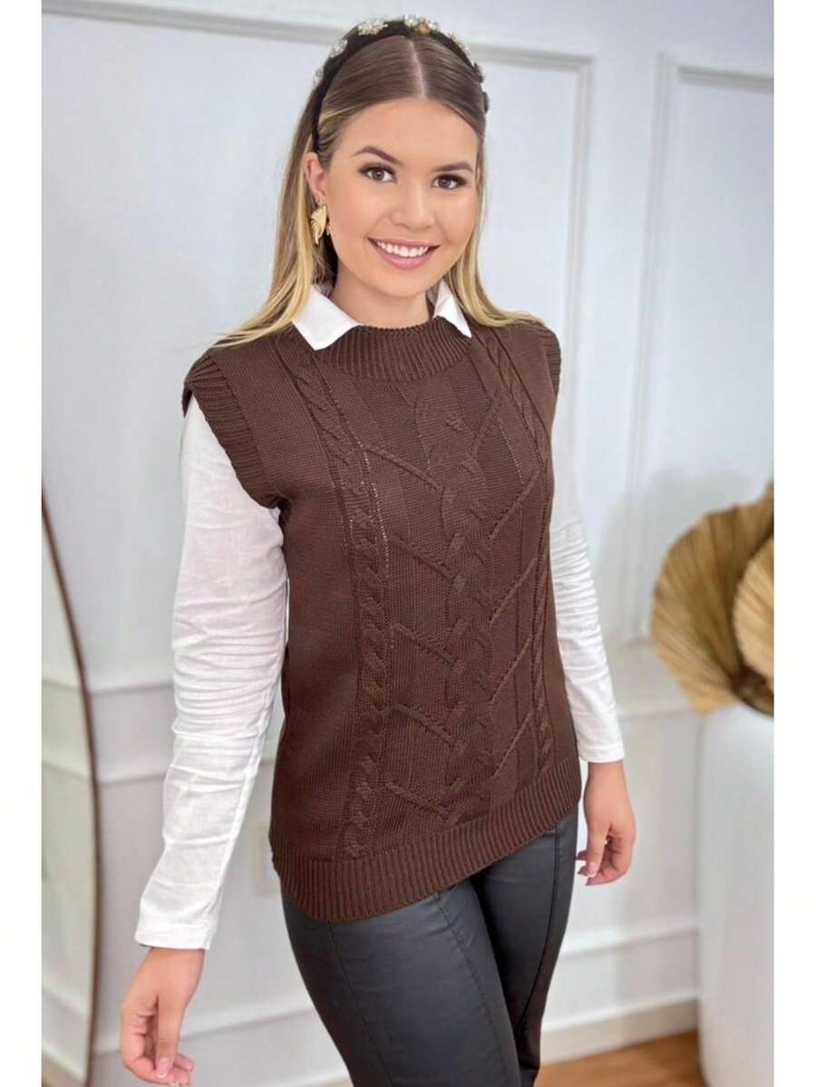 Women's Winter Knit Vest, Blogger Style, Simple, Casual, Knitted In Cable Stitch - Óxido marrón - Ver 1