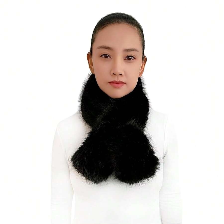 Lina & Lily Long Pile Faux Fur Winter Pull-Through Neck Scarf For Women Soft Fluffy,Black - Black - View 1