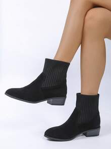 Women's Fashion French Chelsea Maillard Chunky Heel Pointed Toe Elastic Slim Fit Ankle Boots, Spring/Autumn - Black - View 2