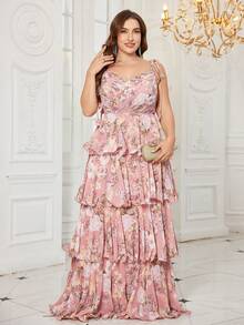 [Random Print] UNITHORSE Plus Women's V-Neck Spraghetti Strapless Tiered Skirt Sexy Backless Chiffon Maxi Slim-Fitting Evening Dress - Pink - View 1