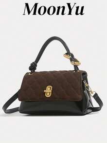 Women's Square Flap Handbag, PU Patchwork Embroidered Diamond Pattern, Elegant Autumn/Winter, Crossbody Shoulder Bag In Coffee Color - Coffee - View 1