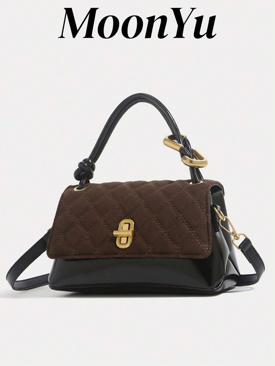 Women's Square Flap Handbag, PU Patchwork Embroidered Diamond Pattern, Elegant Autumn/Winter, Crossbody Shoulder Bag In Coffee Color - Coffee - View 1