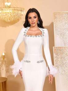 Modphy New Heavily Embellished Rhinestone & Feather Accent Long Sleeve Bodycon Maxi Bandage Dress, Women's Formal Wedding, Evening Gown, Party Dress White Spring - White - View 5