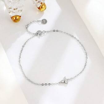 1pc 925 Sterling Silver Clover Bracelet With Rhinestones, Petite Floral Design, Versatile Everyday Accessory For Women