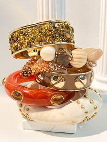 1pc Classic Glamorous Gold Glitter Tie Dye Women Resin Bracelet With Transparent Gold Foil Accent, Versatile Jewelry For Formal Occasions, Elegant - Multicolor B - View 4