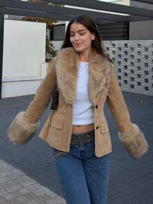 女士蓬松冬季外套，Y2K风格短款长袖派对装，秋季街头风人造毛皮拼接麂皮夹克 - 駝色 - 查看 1