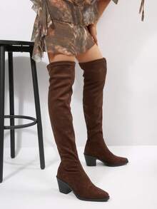 Women's Over-The-Knee Boots For Winter, Black Boots, Brown Boots, Pointed Toe Chunky Heel Tight Fit Over-The-Knee Boots, Elegant Women's Boots, Pull-On Thigh High Boots - Brown - View 7