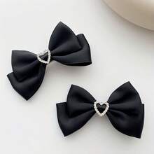 2 Elegant Shiny Rhinestone Heart Bow Hair Clips Vintage Women's Daily Use Hair Accessories - 粉色 - 查看 2